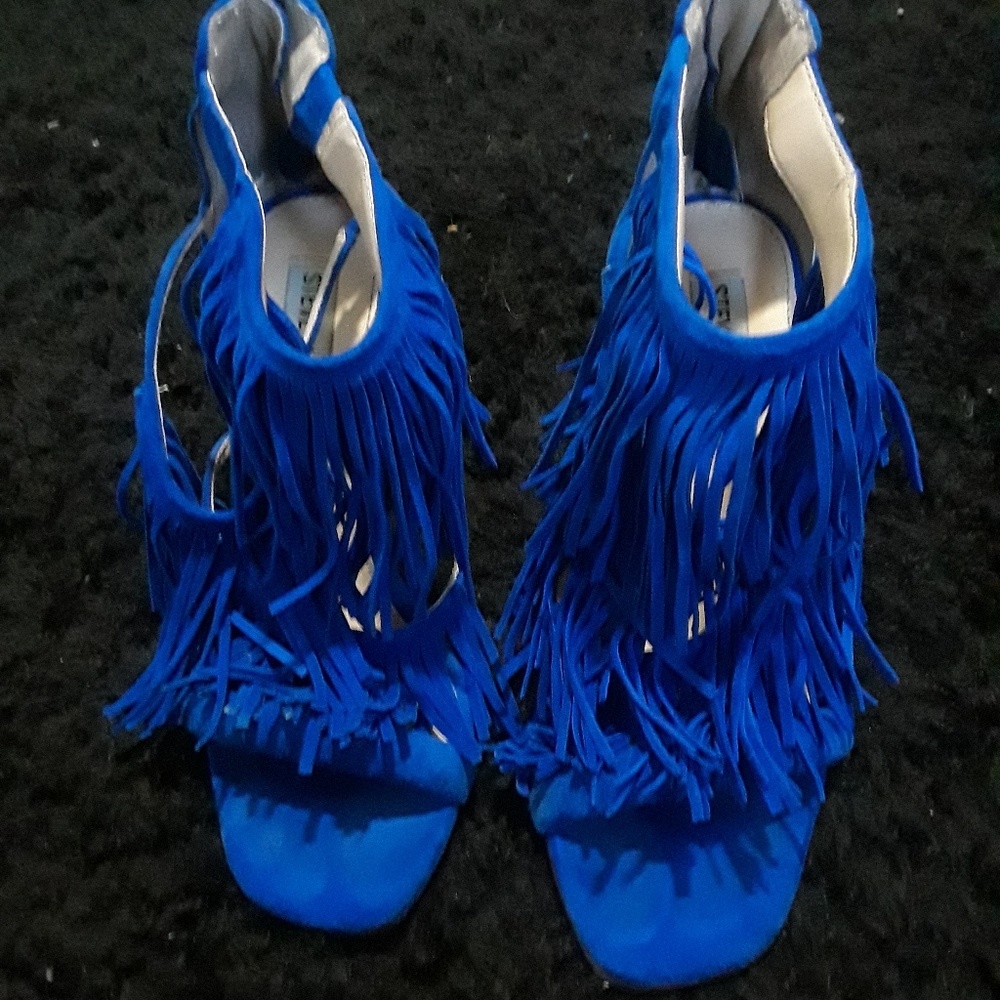 Royal blue fringe heels